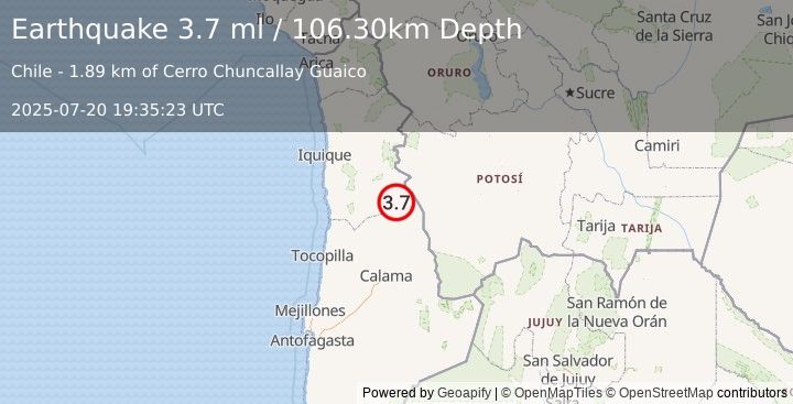 Earthquake ANTOFAGASTA, CHILE (3.7 ml) (2025-07-20 19:35:23 UTC)
