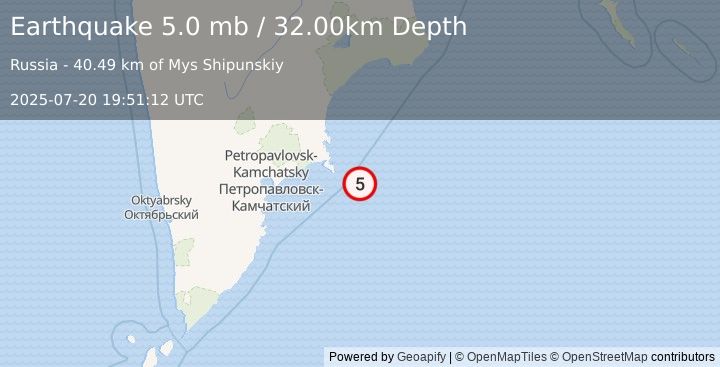 Earthquake OFF EAST COAST OF KAMCHATKA (4.8 mb) (2025-07-20 19:51:08 UTC)