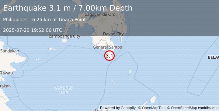 Earthquake MINDANAO, PHILIPPINES (3.1 m) (2025-07-20 19:52:06 UTC)