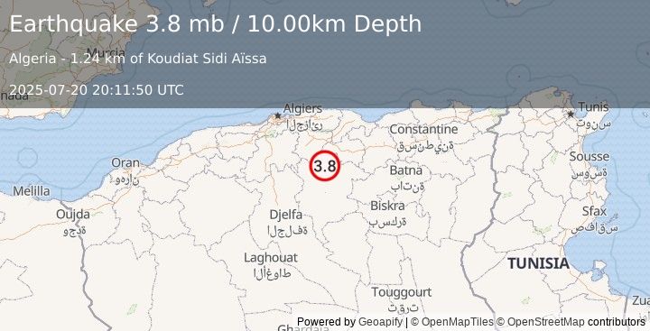 Earthquake NORTHERN ALGERIA (3.8 mb) (2025-07-20 20:11:48 UTC)