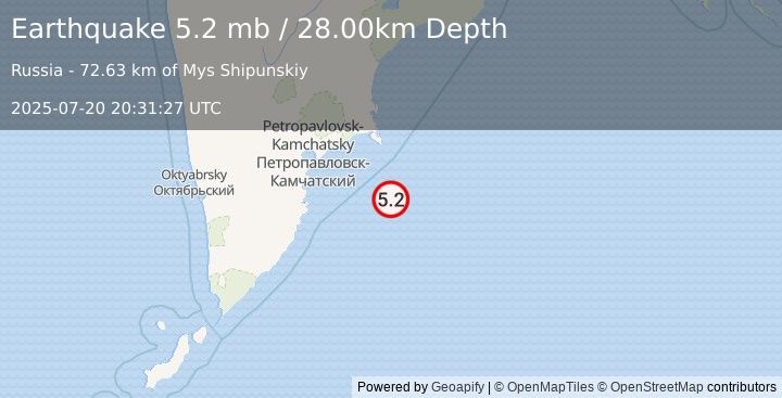 Earthquake OFF EAST COAST OF KAMCHATKA (5.3 mb) (2025-07-20 20:31:23 UTC)