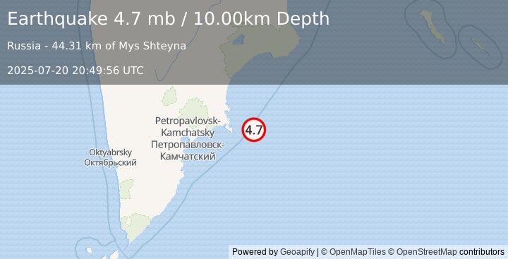 Earthquake NEAR EAST COAST OF KAMCHATKA (4.7 mb) (2025-07-20 20:49:56 UTC)