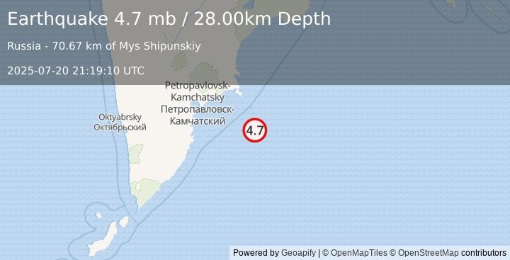 Earthquake OFF EAST COAST OF KAMCHATKA (4.7 mb) (2025-07-20 21:19:10 UTC)
