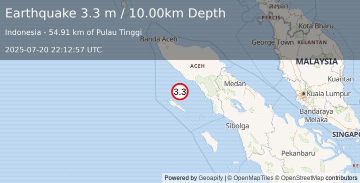 Earthquake NORTHERN SUMATRA, INDONESIA (3.3 m) (2025-07-20 22:12:57 UTC)