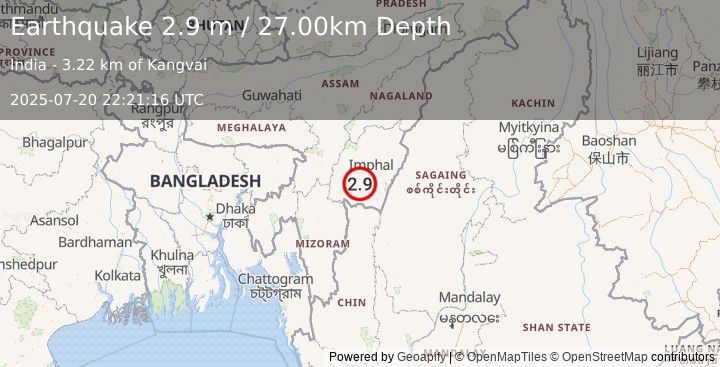 Earthquake MANIPUR, INDIA REGION (2.9 m) (2025-07-20 22:21:16 UTC)