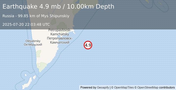 Earthquake OFF EAST COAST OF KAMCHATKA (4.9 mb) (2025-07-20 22:03:48 UTC)