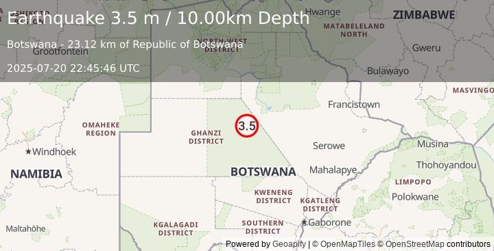 Earthquake BOTSWANA (3.5 m) (2025-07-20 22:45:46 UTC)