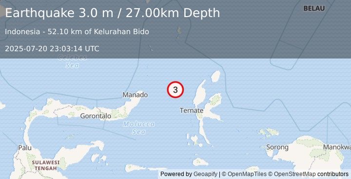 Earthquake MOLUCCA SEA (3.0 m) (2025-07-20 23:03:14 UTC)