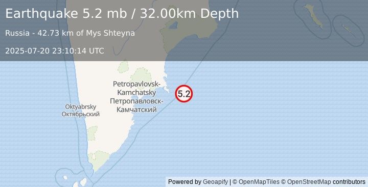 Earthquake OFF EAST COAST OF KAMCHATKA (4.9 mb) (2025-07-20 23:10:08 UTC)