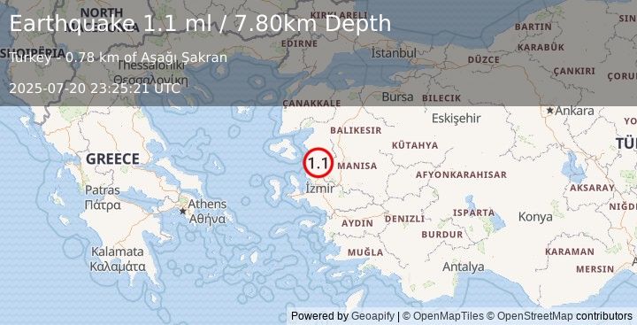 Earthquake WESTERN TURKEY (1.1 ml) (2025-07-20 23:25:21 UTC)