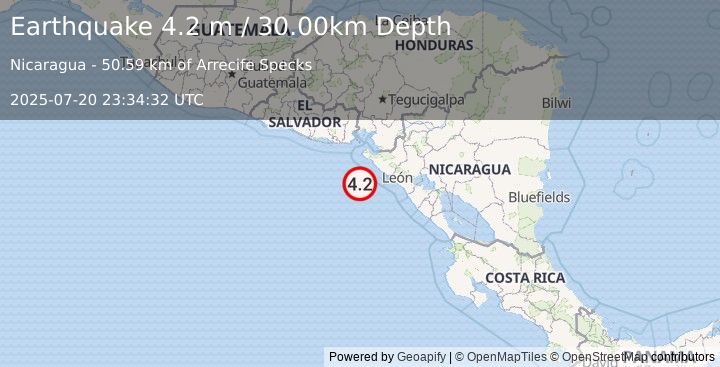 Earthquake NEAR COAST OF NICARAGUA (4.2 m) (2025-07-20 23:34:32 UTC)