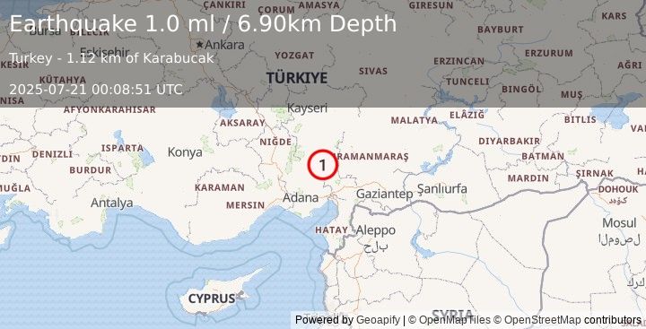 Earthquake CENTRAL TURKEY (1.0 ml) (2025-07-21 00:08:51 UTC)