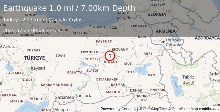 Earthquake EASTERN TURKEY (1.0 ml) (2025-07-21 00:08:37 UTC)
