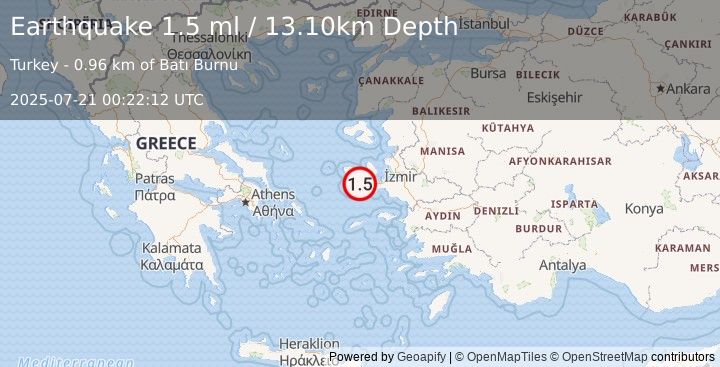 Earthquake NEAR THE COAST OF WESTERN TURKEY (1.5 ml) (2025-07-21 00:22:12 UTC)