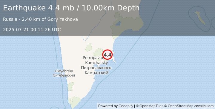 Earthquake NEAR EAST COAST OF KAMCHATKA (4.4 mb) (2025-07-21 00:11:26 UTC)