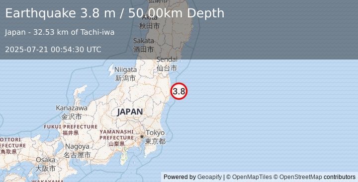 Earthquake NEAR EAST COAST OF HONSHU, JAPAN (3.8 m) (2025-07-21 00:54:30 UTC)