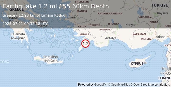 Earthquake DODECANESE IS.-TURKEY BORDER REG (1.2 ml) (2025-07-21 00:32:18 UTC)