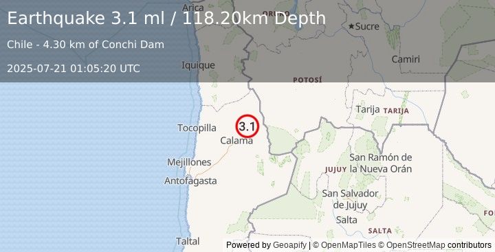 Earthquake ANTOFAGASTA, CHILE (3.1 ml) (2025-07-21 01:05:20 UTC)