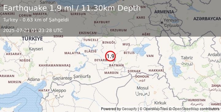 Earthquake EASTERN TURKEY (1.9 ml) (2025-07-21 01:23:28 UTC)