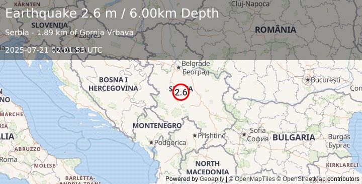 Earthquake SERBIA (2.6 m) (2025-07-21 02:01:53 UTC)