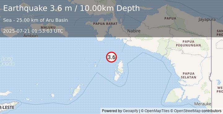 Earthquake KEPULAUAN KAI, INDONESIA (3.6 m) (2025-07-21 01:53:03 UTC)