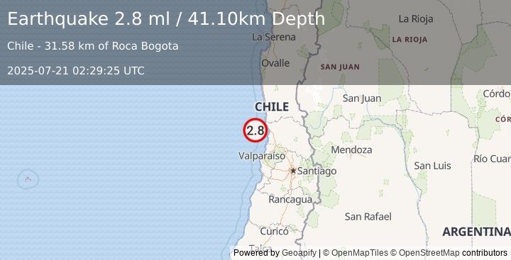 Earthquake OFFSHORE VALPARAISO, CHILE (2.8 ml) (2025-07-21 02:29:25 UTC)