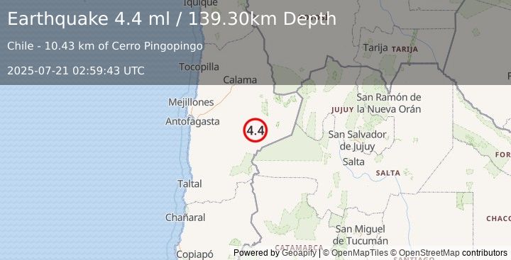 Earthquake ANTOFAGASTA, CHILE (4.4 ml) (2025-07-21 02:59:43 UTC)