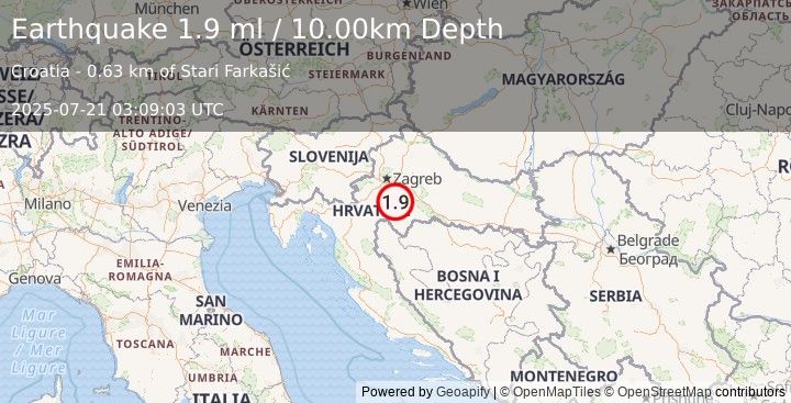 Earthquake CROATIA (1.9 ml) (2025-07-21 03:09:03 UTC)