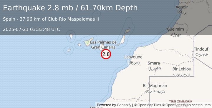 Earthquake CANARY ISLANDS, SPAIN REGION (2.8 mb) (2025-07-21 03:33:48 UTC)
