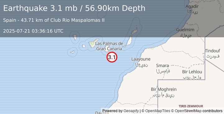 Earthquake CANARY ISLANDS, SPAIN REGION (3.1 mb) (2025-07-21 03:36:16 UTC)