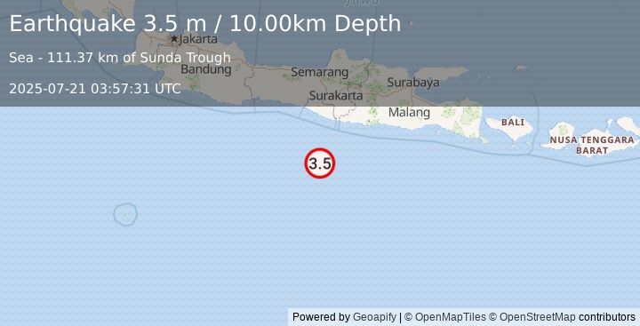Earthquake SOUTH OF JAVA, INDONESIA (3.5 m) (2025-07-21 03:57:31 UTC)