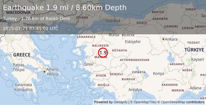 Earthquake WESTERN TURKEY (1.9 ml) (2025-07-21 03:41:02 UTC)