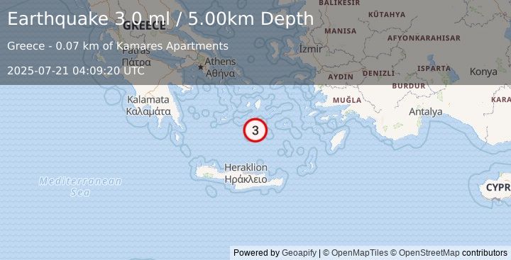 Earthquake DODECANESE ISLANDS, GREECE (3.0 ml) (2025-07-21 04:09:20 UTC)