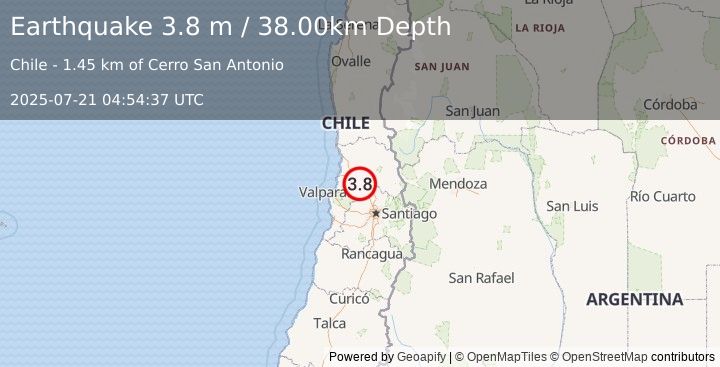 Earthquake VALPARAISO, CHILE (3.8 m) (2025-07-21 04:54:37 UTC)