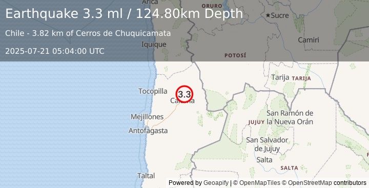 Earthquake ANTOFAGASTA, CHILE (3.3 ml) (2025-07-21 05:04:00 UTC)