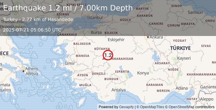 Earthquake WESTERN TURKEY (1.2 ml) (2025-07-21 05:06:50 UTC)