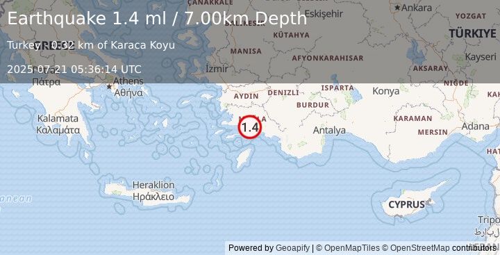 Earthquake DODECANESE IS.-TURKEY BORDER REG (1.4 ml) (2025-07-21 05:36:14 UTC)