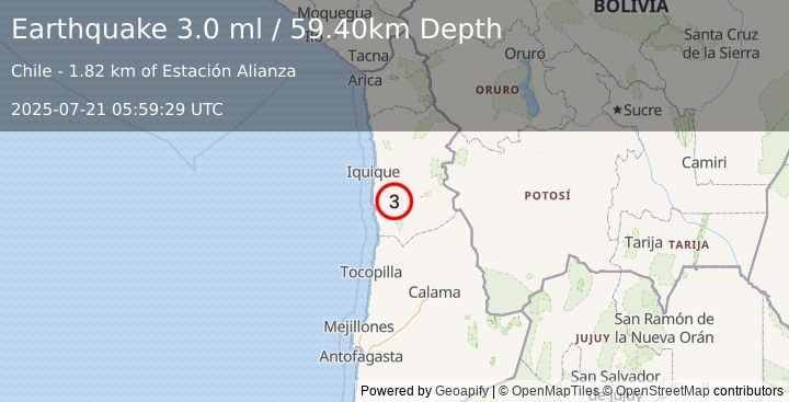 Earthquake TARAPACA, CHILE (3.0 ml) (2025-07-21 05:59:29 UTC)