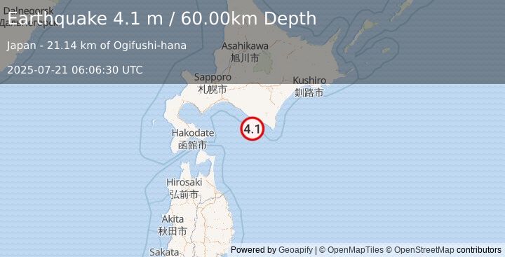 Earthquake HOKKAIDO, JAPAN REGION (4.1 m) (2025-07-21 06:06:30 UTC)