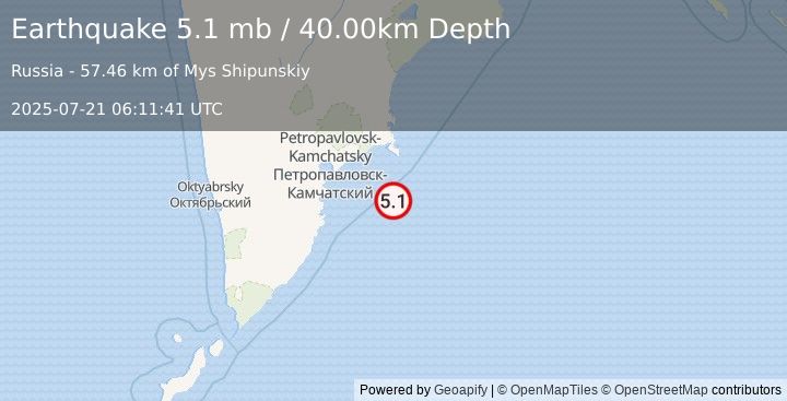 Earthquake OFF EAST COAST OF KAMCHATKA (5.2 mb) (2025-07-21 06:11:40 UTC)