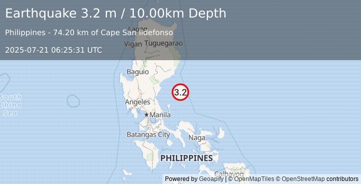 Earthquake PHILIPPINE ISLANDS REGION (3.2 m) (2025-07-21 06:25:31 UTC)