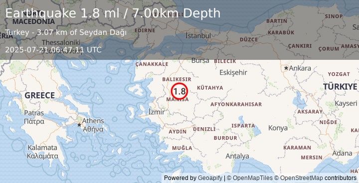 Earthquake WESTERN TURKEY (1.8 ml) (2025-07-21 06:47:11 UTC)