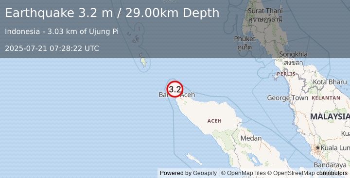 Earthquake NORTHERN SUMATRA, INDONESIA (3.2 m) (2025-07-21 07:28:22 UTC)
