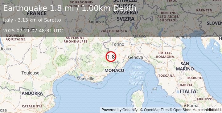 Earthquake NORTHERN ITALY (1.8 ml) (2025-07-21 07:48:31 UTC)