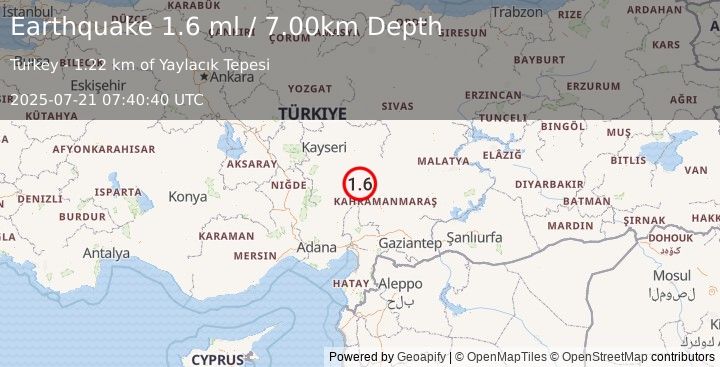 Earthquake CENTRAL TURKEY (1.6 ml) (2025-07-21 07:40:40 UTC)