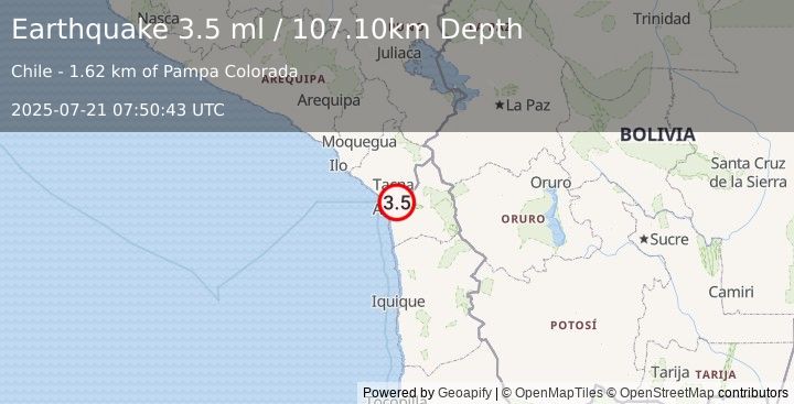 Earthquake TARAPACA, CHILE (3.5 ml) (2025-07-21 07:50:43 UTC)