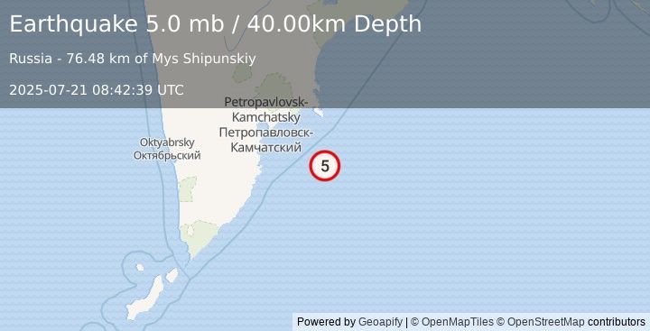 Earthquake OFF EAST COAST OF KAMCHATKA (5.0 mw) (2025-07-21 08:42:34 UTC)
