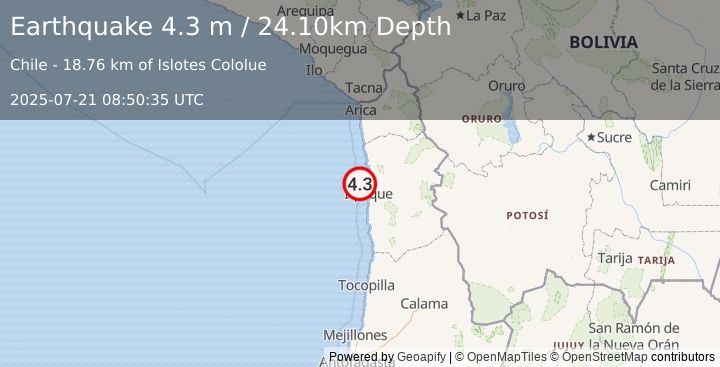 Earthquake OFFSHORE TARAPACA, CHILE (4.4 ml) (2025-07-21 08:50:34 UTC)