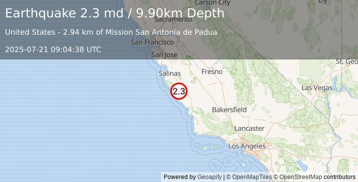 Earthquake CENTRAL CALIFORNIA (2.3 md) (2025-07-21 09:04:38 UTC)
