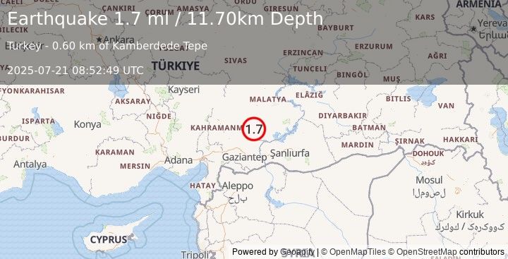 Earthquake CENTRAL TURKEY (1.7 ml) (2025-07-21 08:52:49 UTC)